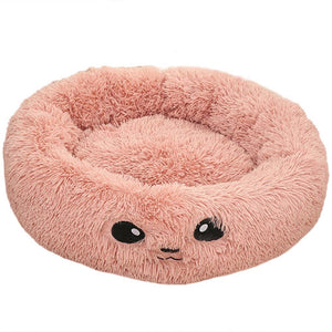 Round Calming Plush Pet Bed with faces