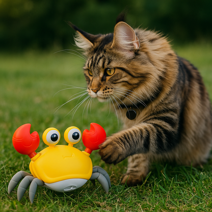 Cat playing with a crab-shaped toy on grass