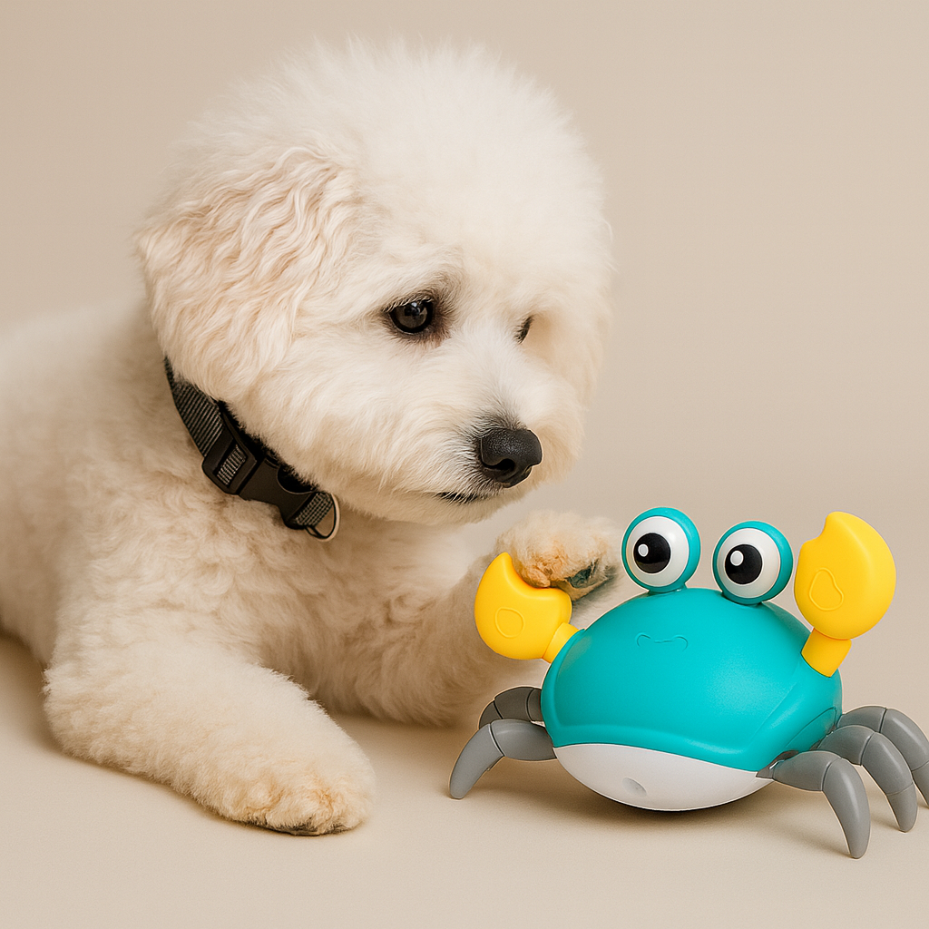 White dog playing with a blue crab-shaped toy on a beige background